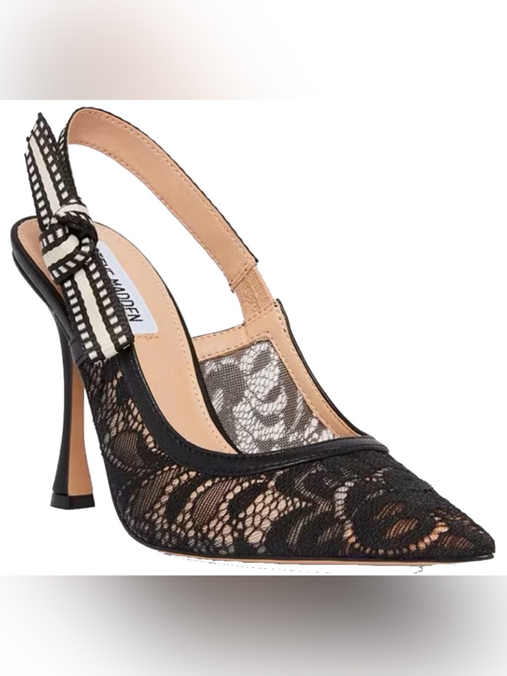 Steve Madden Bri Black Lace Slingback Heel with Nude Trim 7.5